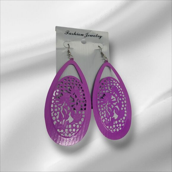 Vintage Purple Tone Open Work Drop Earrings Style Chic Fashion Elegant VTG NWOT - Picture 2 of 10